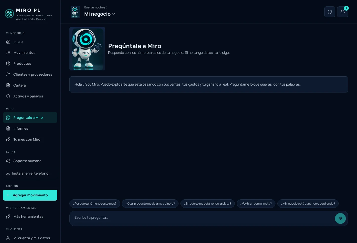 Pantalla real de Pregúntale a Miro